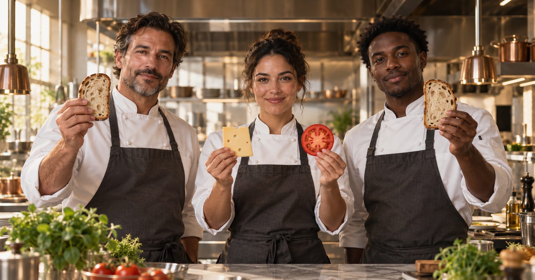 Three chefs in a professional kitchen, each holding one part of a sandwich: a slice of bread, a slice of cheese and a tomato, and a second slice of bread.