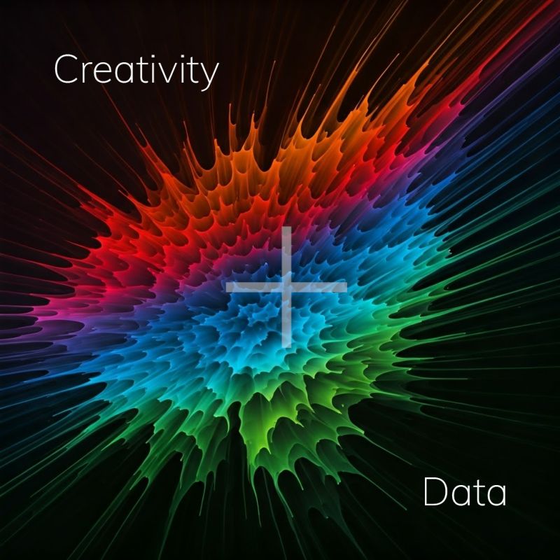 A vivid rainbow-coloured fractal burst on a black background, with the word "Creativity" at the top left, a large plus sign at the centre and the word "Data" at the bottom right.