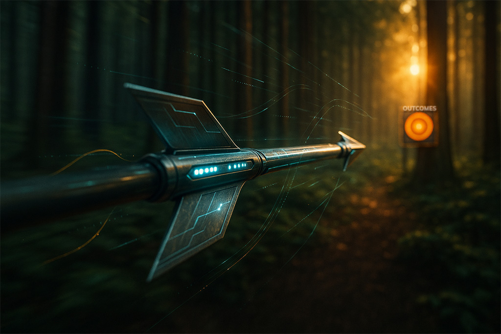 A sleek, illuminated arrow in flight through a dark forest, heading towards a distant glowing target marked "Outcomes".
